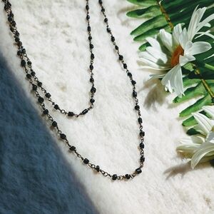 RARE Vintage handmade x-long antiqued bronze tone & black glass necklace, deco
